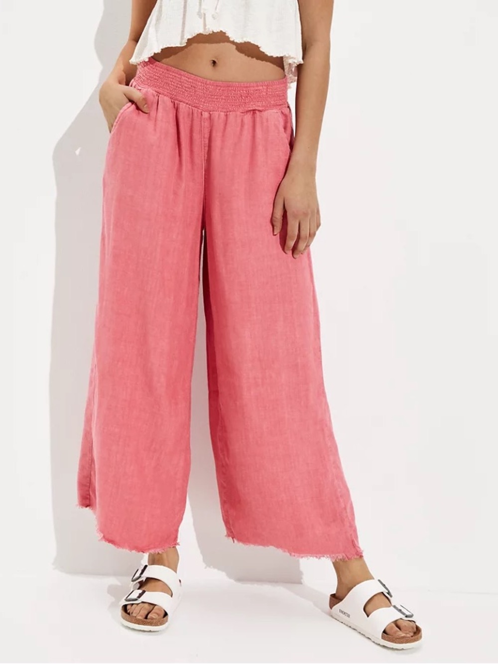 American Eagle Wide Leg Pull On Pants Women’s M Pink Linen Blend Coastal‎ Resort
